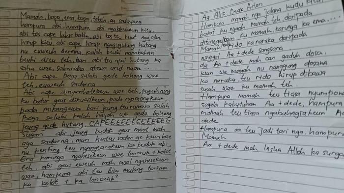 ISI SURAT WASIAT - Surat wasiat yang ditemukan tertempel di dinding lokasi penemuan jenazah ibu dan dua anaknya di Desa Kiangroke, Kecamatan Banjaran, Kabupaten Bandung, pada Jumat (5/9/2025). 