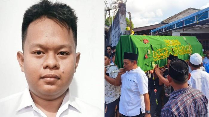 PEMAKAMAN JENAZAH - Jenazah Muhammad Soleh korban ambruknya Musala Ponpes Al-Khoziny Sidoarjo, Jawa Timur dibawa menuju perkuburan untuk dimakamkan pada Rabu (1/10/2025). (Kiri) Potret Muhamad Soleh semasa hidup.