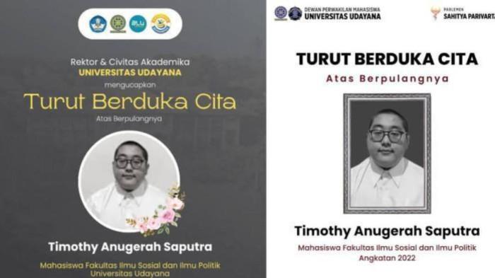 MAHASISWA AKHIRI HIDUP - Timothy Anugerah Saputra, mahasiswa Universitas Udayana akhiri hidup karena di-bully.