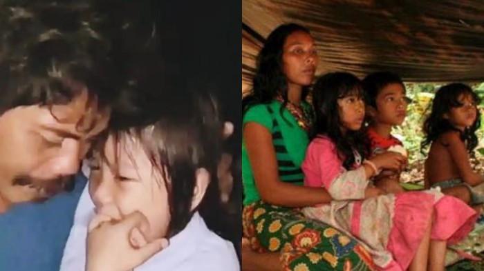 BILQIS MENANGIS - Bilqis Ramdhani (4) berada di atas pangkuan masyarakat Suku Anak Dalam (SAD) sambil menangis saat hendak diserahkan ke polisi di kawasan hutan Kecamatan Merangin, Jambi, Sabtu (8/11/2025), malam. (Kanan) Ilustrasi Kehidupan Suku Anak Dalam (SAD) Jambi.