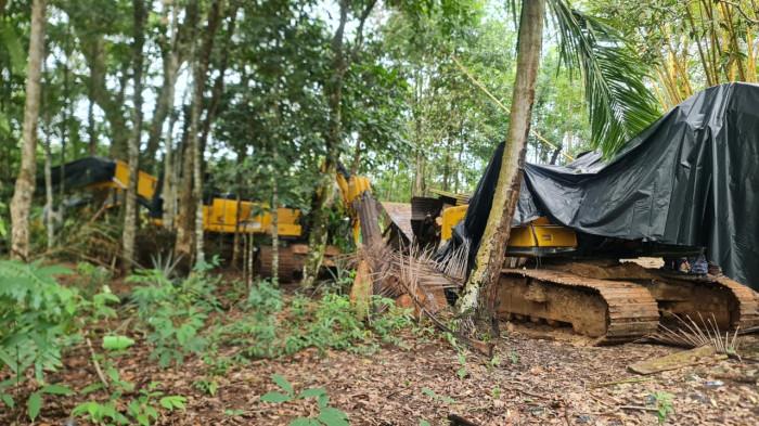 SATGAS PKH -- Sejumlah ekskavator yang diamankan Satgas PKH Korwil Babel, di Desa Perlang, Kecamatan Lubuk Besar, Kabupaten Bateng, Sabtu (22/11/2025)