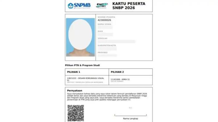 KARTU PESERTA SNBP - Foto ini diambil dari Panduan Pendaftaran SNBP 2026 pada Selasa (3/2/2026). Nomor pendaftaran SNBP merupakan dokumen yang paling penting untuk mengecek hasil seleksi yang diumumkan hari ini, 31 Maret 2026. 