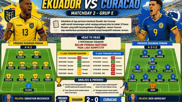 Ekuador Vs Curacao, Prediksi Skor, H2H, Susunan Pemain Lengkap Update Klasemen Grup Piala Dunia 2026