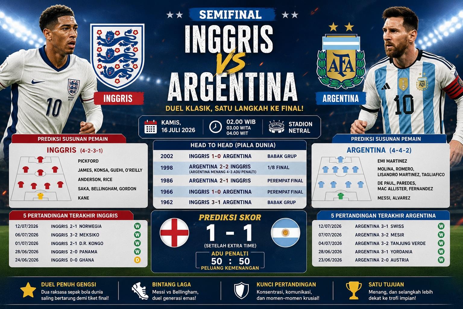 Prediksi Skor Argentina vs Inggris, Head to Head, Susunan Pemain dan Jadwalnya di Piala Dunia 2026 - Bangkapos.com