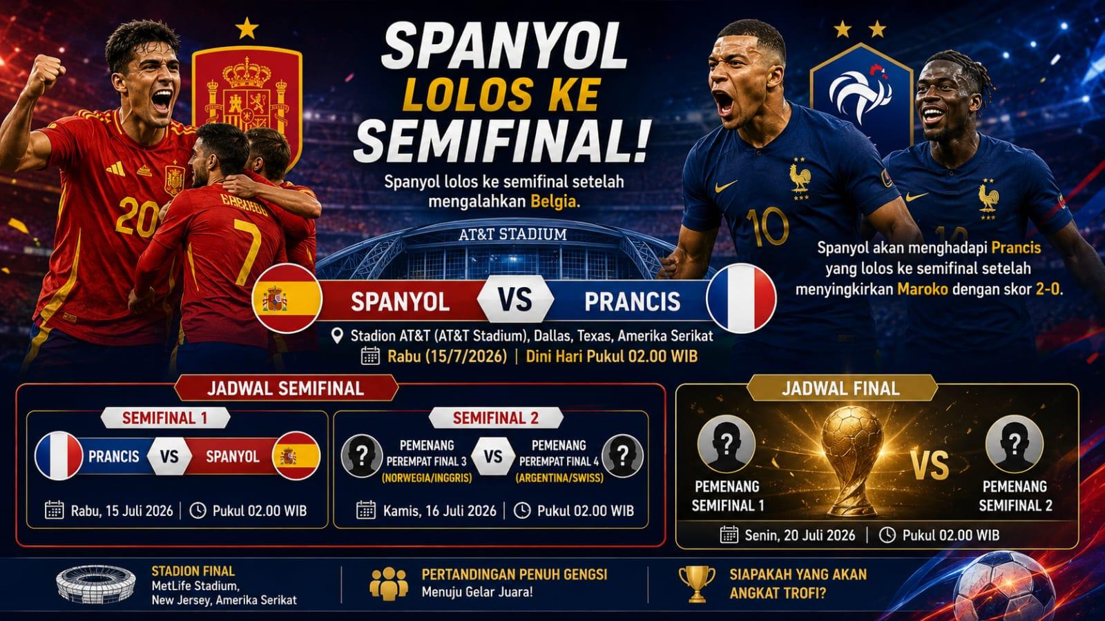Bagan Terbaru Piala Dunia 2026 11 Juli, Spanyol Bertemu Prancis di Semifinal - Bangkapos.com