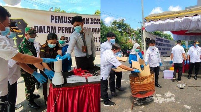 Kejari Tala Musnahkan Barbuk, Puluhan Gram Sabu Diblender, Sajam dan Handphone Dicincang