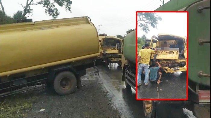 Truk Tangki Adu Banteng di Pulau Salak Kabupaten Tanah Bumbu Kalsel, Sopir Terjepit di Kabin