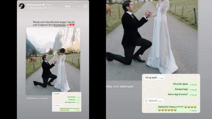 Postingan Rizkina Nazar beri ucapan pada Syifa Hadju yang dilamar El Rumi dicapture (5/10/2025). Perlihatkan isi chat Syifa saat memberitahunya tentang lamaran itu.