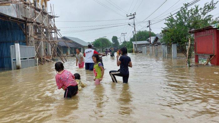 Banjir di Kalsel - Ruas Jalan Sawahan Tala Tenggelam Jadi Tempat Anak-anak Bermain dan Berenang