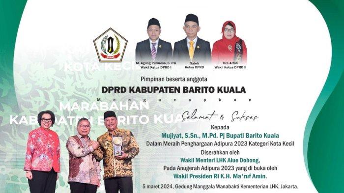 DPRD Batola Ucapkan Selamat ke Pj Bupati Mujiyat, Raih Penghargaan Adipura 2023
