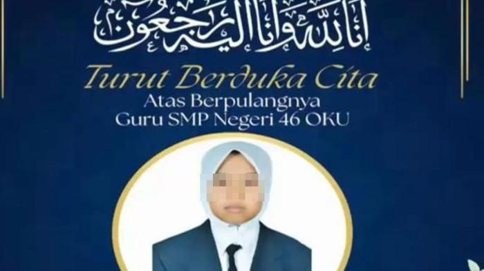 Sosok SF (27), guru muda di SMP Negeri 46 OKU yang ditemukan tewas di kamar kosnya di Desa Sukapindah, Kecamatan Kedaton, Kabupaten OKU, Sumsel, Rabu (19/11/2025).