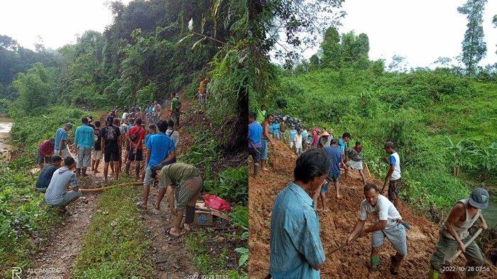 Tanah Longsor Tutupi Jalan di Mangkiling Desa Datarajab HST, Warga Kesulitan Melintas