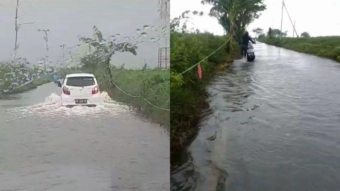 Jalan Raya Sungai Kupang-Bangkau Kabupaten HSS Terendam, Pengendara Motor Butuh Rakit Bambu