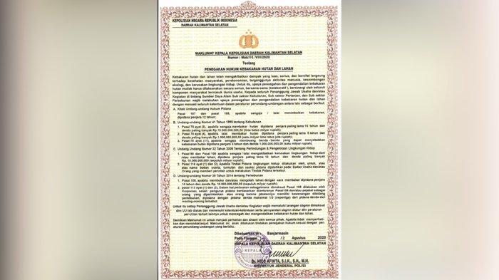 Kapolda Keluarkan Maklumat Tentang Karhutla, Begini Respon Kapolres Banjarbaru dan Banjar