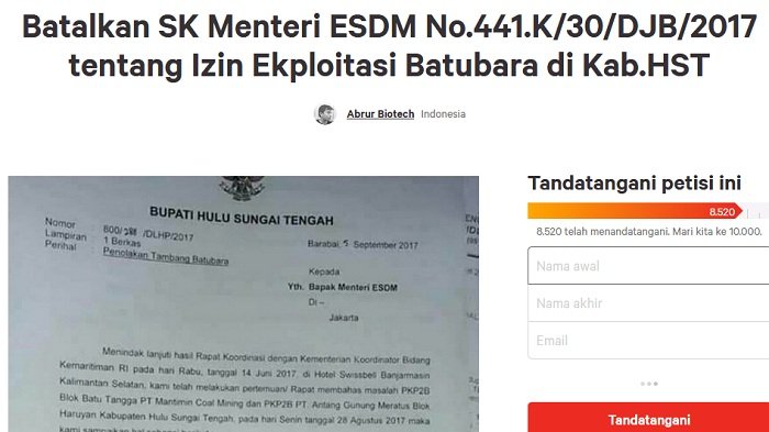 Sudah 8.000 Lebih Dukung Petisi Cabut SK Menteri ESDM Soal Izin Produksi Perusahaan Tambang di HST