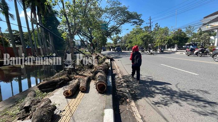Material Trotoar Rusak dan Ranting Pohon Tumbang Masih Menumpuk di Sisi Jalan Suprapto