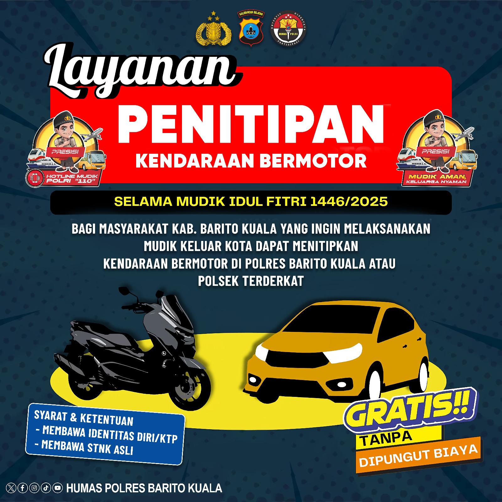 Mudik Tenang Kendaraan Aman, Bisa Titip Kendaraan ke Polres Batola dan Polsek Setempat