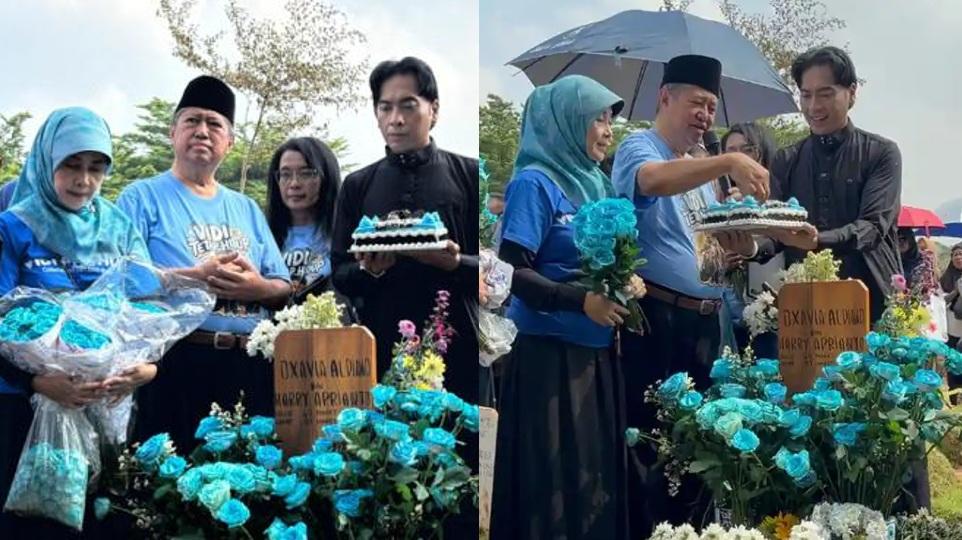 Potong Kue di Atas Pusara Vidi Aldiano, Keluarga dan Fans Kompak Kenakan Kaus Baju Biru Langit
