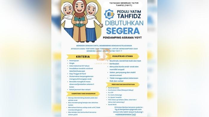 Lowongan Kerja Yayasan Generasi Yatim Tahfidz di Banjarbaru, Dicari Pendamping Asrama YGYT