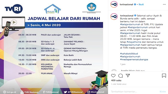 LIVE STREAMING Belajar dari Rumah TVRI Senin, 4 Mei: SMP Kain Batik Pukul 09.30 WIB