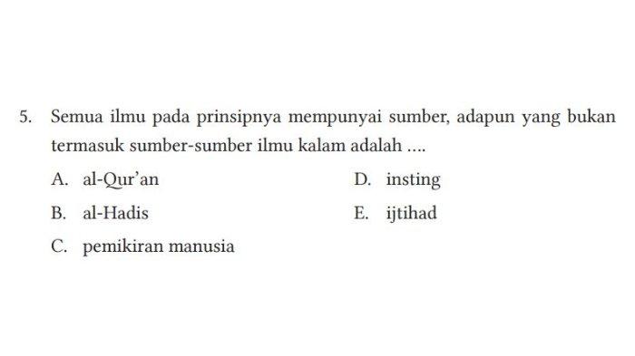 KUNCI JAWABAN PAI Kelas 12 Kurikulum Merdeka, yang Bukan Termasuk Sumber-sumber Ilmu Kalam adalah