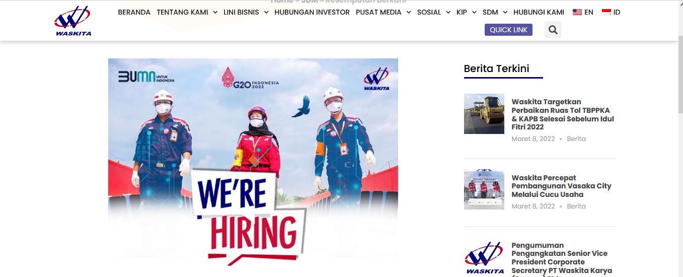 Lowongan Kerja BUMN PT Waskita Karya, Pendaftaran Berakhir 16 Maret 2022 Segera Daftarkan!