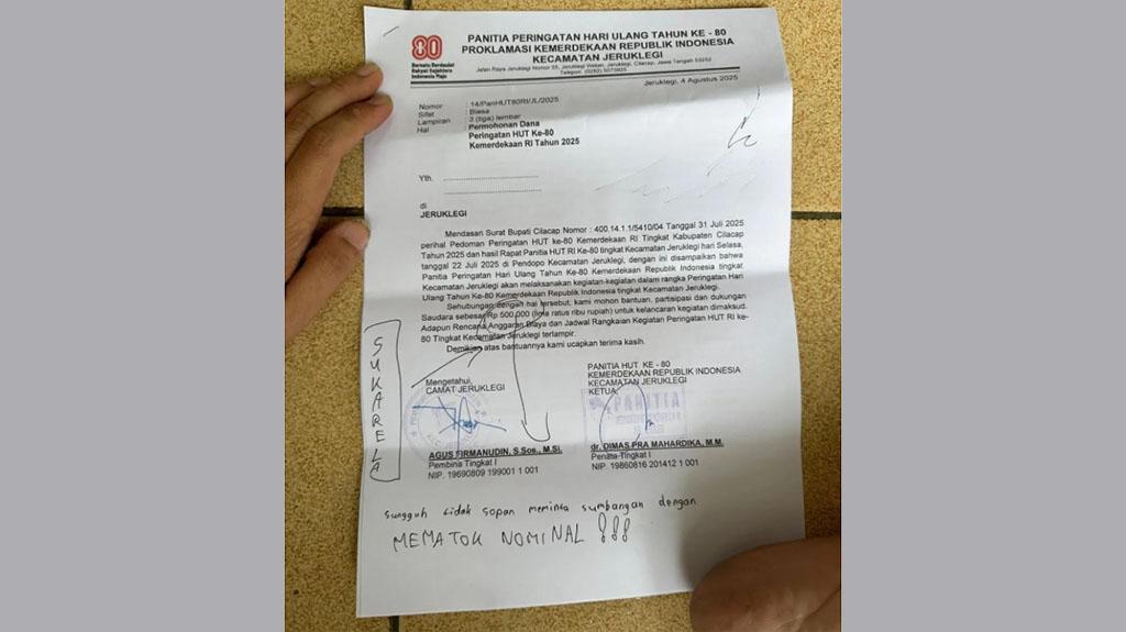 Camat Jeruklegi Cilacap Minta Maaf Soal Viral Surat Minta Sumbangan HUT RI Rp 500 Ribu