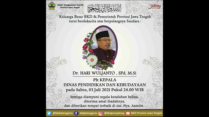 KABAR DUKA: Plt Kepala Disdikbud Jateng Tutup Usia, Sempat Dirawat di Rumah Sakit akibat Covid