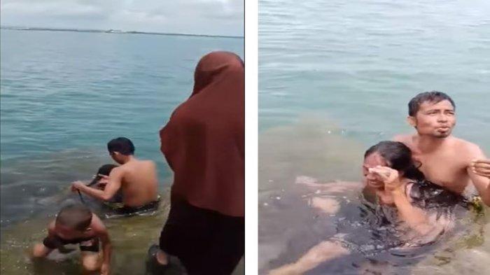 VIRAL Video Istri Ngamuk Pergoki Suami Mandi di Laut Bareng Sosok Berambut Panjang