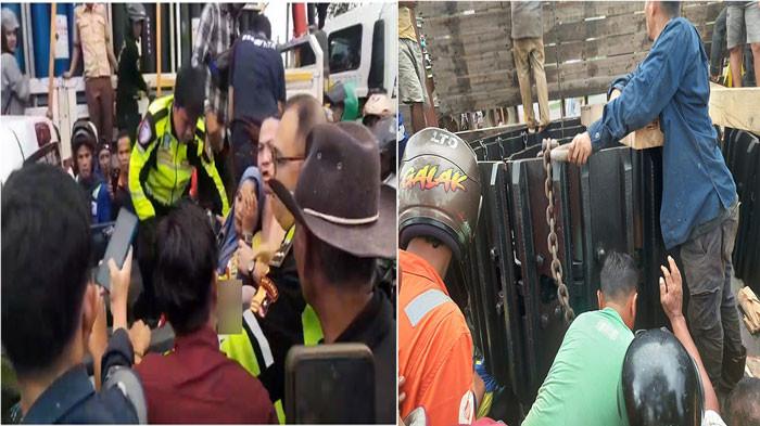 EVAKUASI KORBAN - Wanita pengendara Yamaha NMax BP 4313 QM, usai berhasil dievakuasi warga dan petugas (kiri). Warga saat kerumuni korban yang kakinya terjepit roda besi alat berat--muatan truk lepas di Jalan Yos Sudarso, depan PT Giken, Batu Ampar, Batam, Rabu (22/10/2025). (kanan)