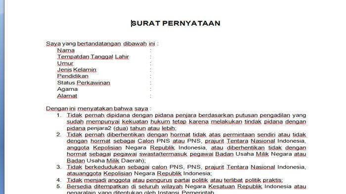 Contoh Surat Lamaran dan Pernyataan Daftar Kementerian CPNS 2021 dan PPPK Termasuk Kepri dan Batam