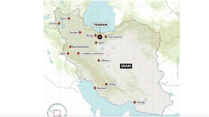 PERANG AS VS IRAN - Berikut ini merupakan peta serangan Amerika Serikat dan Israel di beberapa wilayah Iran, pada Sabtu (28/2/2026).