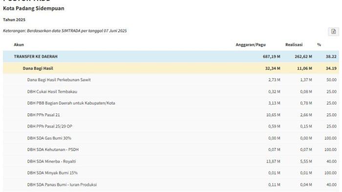 Dana Bagi Hasil 2025 Kota Padan Sidempuan Sudah Cair Rp 11 Miliar, DBH SDA Minerba Terbesar