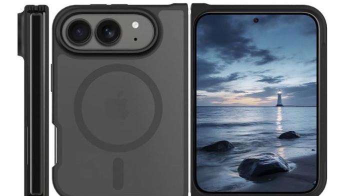Desain iPhone lipat yang memiliki layar ganda.