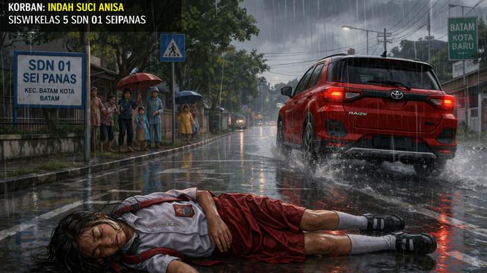 TABRAK LARI DI BATAM - Foto ilustrasi tabrak lari di Batam tepatnya di Jalan Laksamana Bintan, Kelurahan Sei Panas, Kecamatan Batam Kota, Kota Batam, Provinsi Kepulauan Riau (Kepri), Selasa (31/3/2026) sekira pukul 12.30 WIB. Polisi meringkus pengemudi mobil Toyota Raize merah yang menabrak seorang bocah kelas 5 SD bernama Indah Suci Anisa hingga dirawat di RSBK.  Gambar hasil olah Artificial Intelligence (AI).