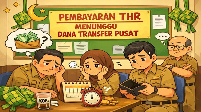 THR LEBARAN 2026 - Foto ilustrasi sejumlah Aparatur Sipil Negara (ASN) menunggu pembayaran tunjangan hari raya (THR) menjelang hari raya Idulfitri 1447 H. Kabupaten Lingga dan Kabupaten Kepulauan Anambas di Provinsi Kepulauan Riau (Kepri) masih menunggu dana transfer pusat untuk pembayaran THR. Sementara Pemko Tanjungpinang mengajukan pinjaman daerah ke Bank Riau Kepri Syariah sebesar Rp30 Miliar. Foto hasil olah Artificial Intelligance (AI).