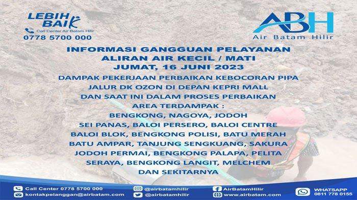 Info Mati Air di Batam Hari Ini Terjadi Sejak Pukul 18.00 WIB, Berikut Wilayahnya