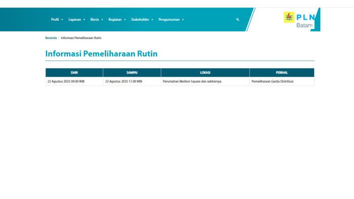 Jadwal Pemadaman Listrik di Batam Jumat 22 Agustus 2025