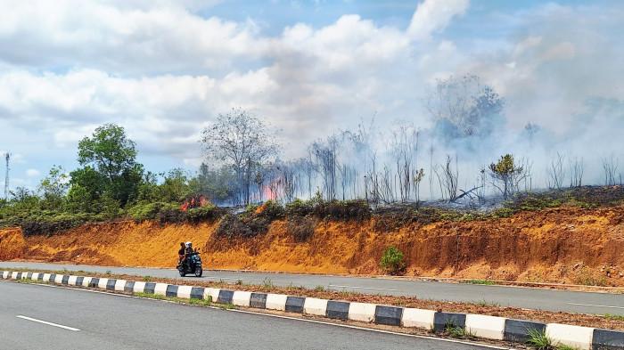 KARHUTLA  - Sepeda motor saat melintas di depan lokasi kebakaran di Jalan Lintas Timur, Kecamatan Toapaya, Kabupaten Bintan, Provinsi Kepulauan Riau (Kepri) Minggu (22/3/2026).