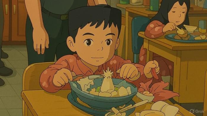 MAKAN BERGIZI GRATIS - Ilustrasi seorang anak makan dari program Makan Bergizi Gratis. Guru SDN 016 Sagulung Batam tetap dukung program MBG, meski kini dihentikan sementara