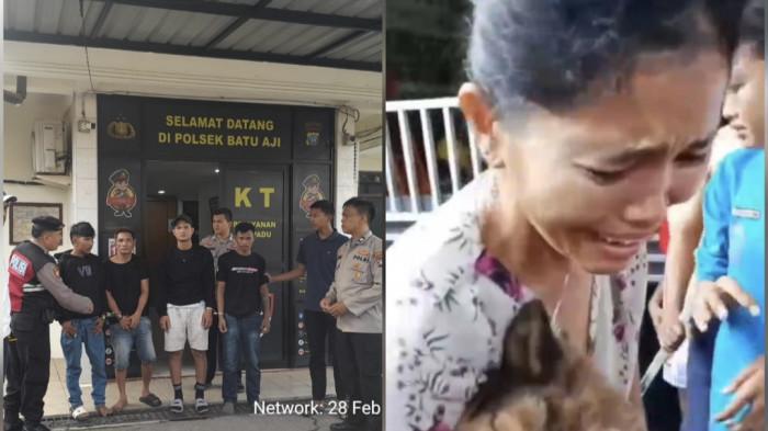 PENCURIAN ANJING DI BATAM - Kolase foto sejumlah pria diduga komplotan pencuri anjing ras di Mapolsek Batuaji dan seorang wanita warga Perumahan Permata Laguna, Kelurahan Tanjunguncang, Kecamatan Batuaji, Kota Batam, Provinsi Kepulauan Riau (Kepri) menangis setelah tahu anjing ras miliknya mati di dalam mobil orang tak dikenal, Sabtu (28/2/2026) pagi.