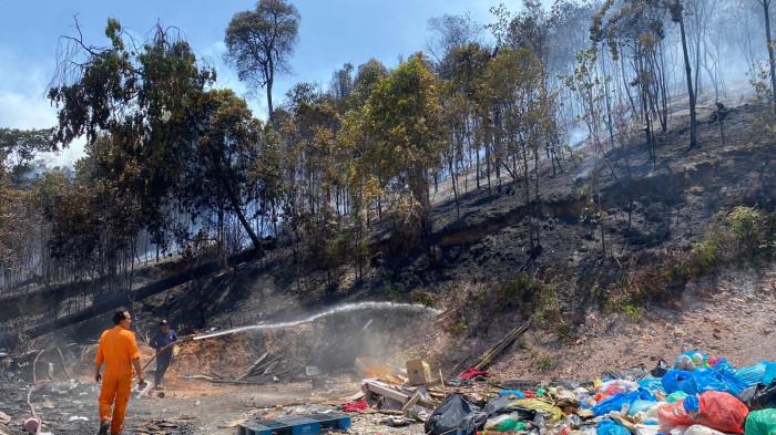 Potret petugas saat melakukan pemadaman kebakaran hutan lahan di depan TPS Tj Riau, Selasa (24/3).