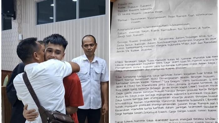 SURAT TANGAN UNTUK PRESIDEN - Kolase foto Fandi Ramadhan dipeluk sang ayah Sulaiman, usai sidang beberapa waktu lalu (kiri) dan surat tulisan tangan Fandi Ramadhan kepada Presiden Prabowo, bermohon dapat keringanan hukuman.