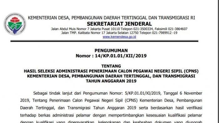 CPNS 2019 - Pengumuman Hasil Seleksi Administrasi Kementerian Desa PDTT, Cek Namamu Disini