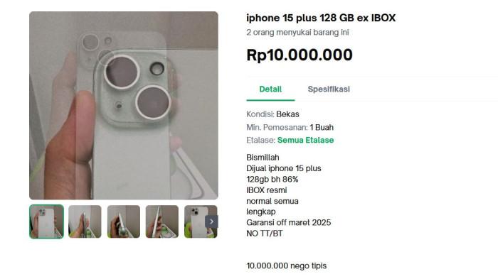 iPhone 15 Plus seken resmi iBox yang dijual di Tokopedia, Kamis (4/9/2025).