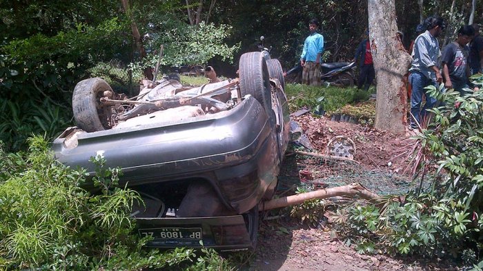Kaget Ada Mobil Muncul Mendadak, Sopir Sedan Banting Setir. Mobil Tabrak Pohon dan Terbalik