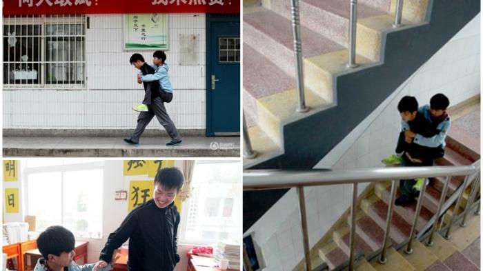 Mengharukan, Setiap Hari Xie Xu Mengendong Sahabatnya ke Sekolah