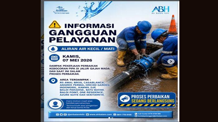 Lokasi Mati Air di Batam Hari Ini Kamis 7 Mei 2026, Ada Perbaikan Pipa Bocor di Jalan Gajah Mada