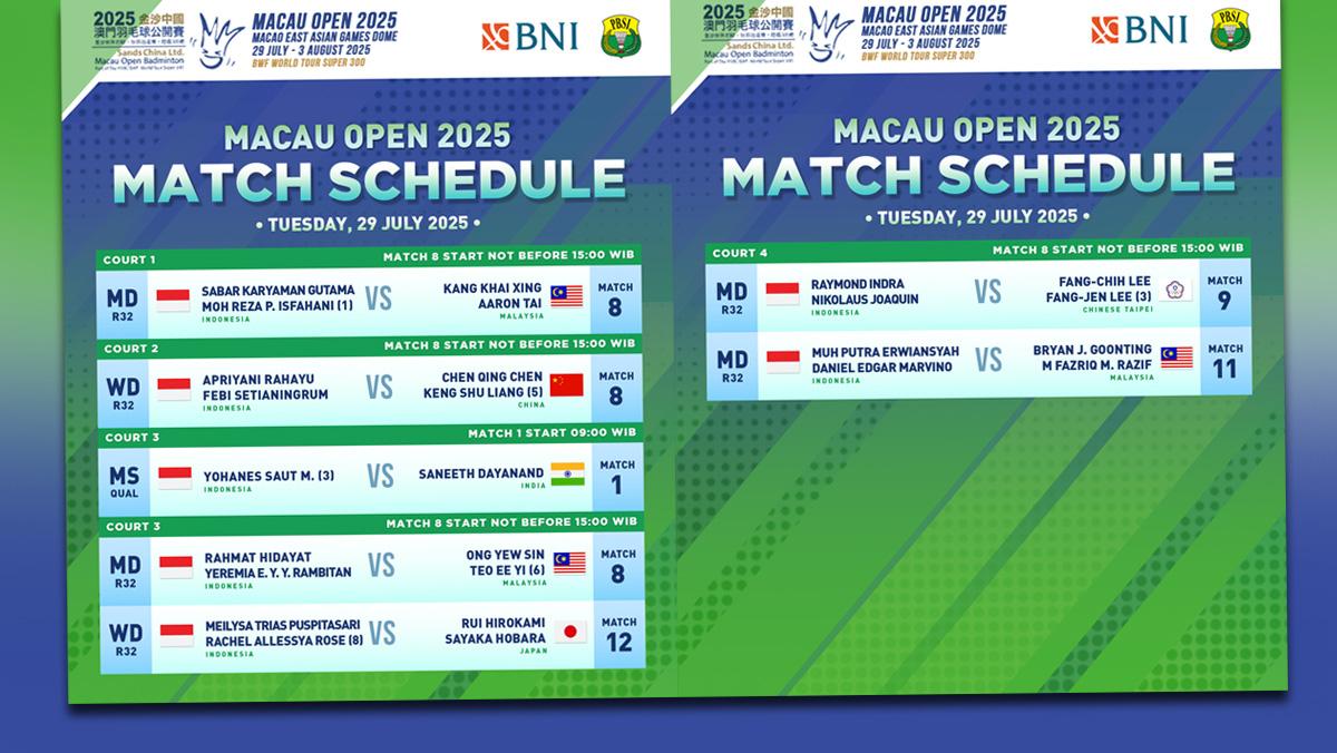 Jadwal Siaran Langsung Macau Open 2025 Hari Ini Sabar/Reza, Apriyani/Febi Setianingrum Main