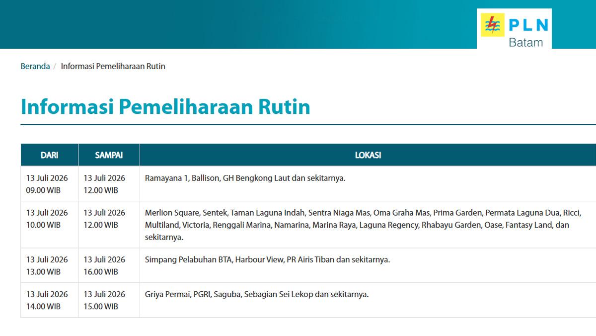 Jadwal Pemeliharaan Listrik PLN Batam Hari Ini Senin 13 Juli 2026, Ini Jadwal dan Lokasinya - Tribunbatam.id